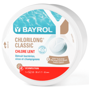 Chlorilong Classic Bloc BAYROL, Maxi galets de 500 g de chlore à dissolution lente et régulière pour une désinfection permanente.